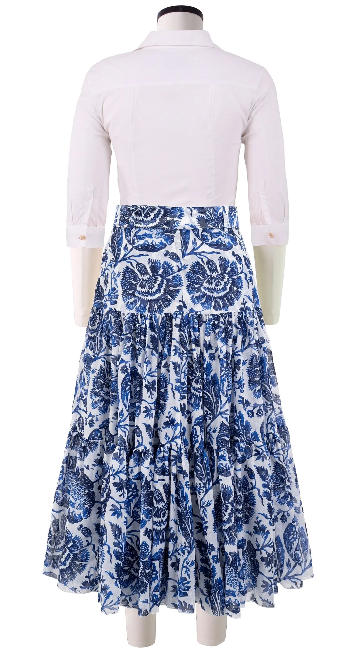 Emma Skirt Midi Length Cotton Musola (Indigo Poppies)