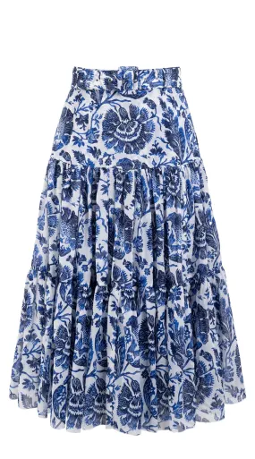 Emma Skirt Midi Length Cotton Musola (Indigo Poppies)