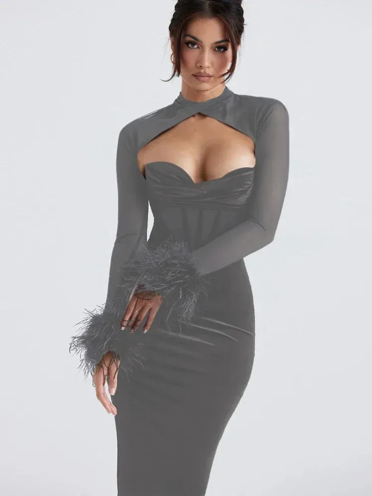 Evening Party Velvet Black Corset Dress with Feathers Mesh Long Sleeve Bodycon Maxi Dresses New Arrivals 2023 C16-DZ30