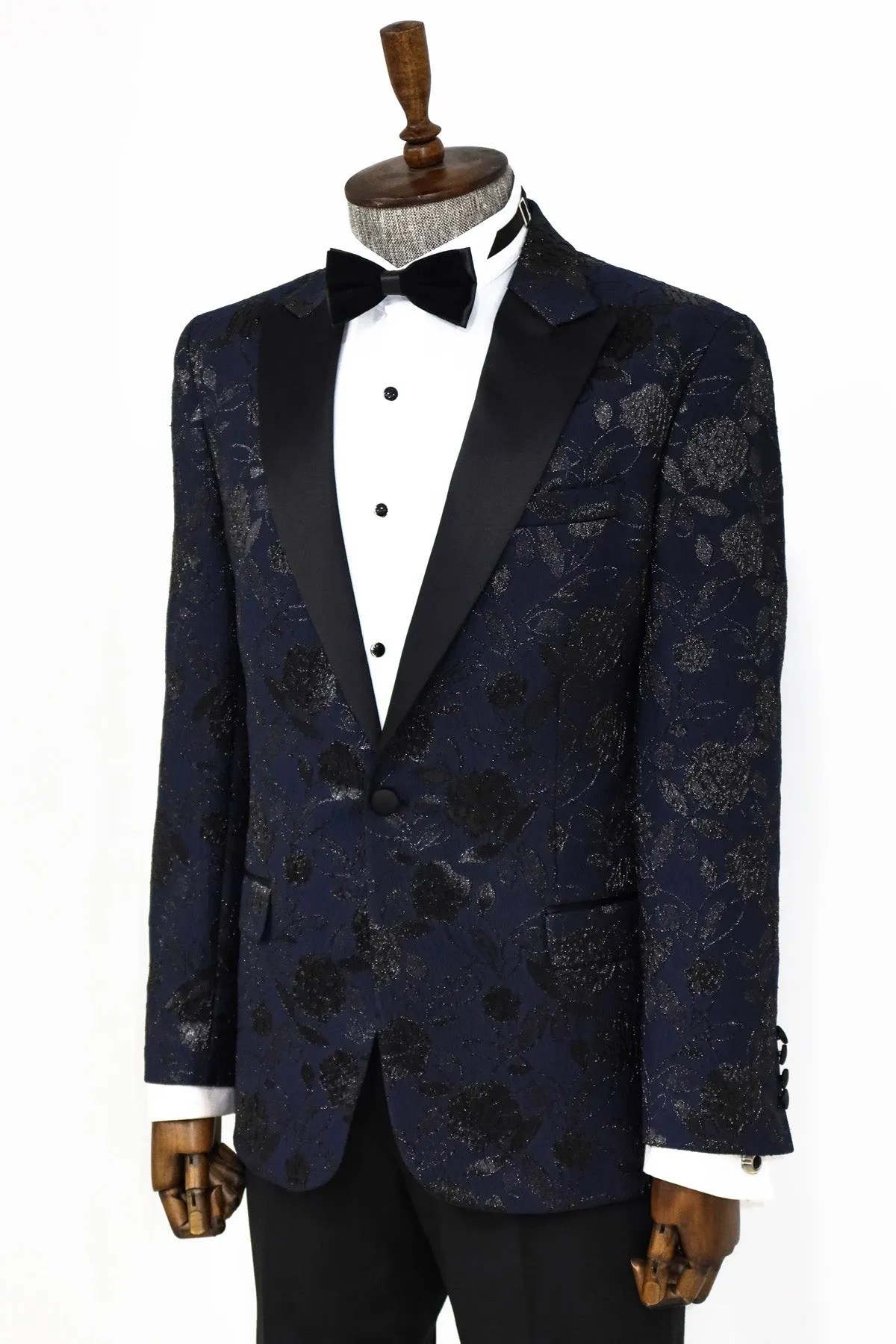 Floral Patterned Navy Blue Men Dinner Jacket - Wessi