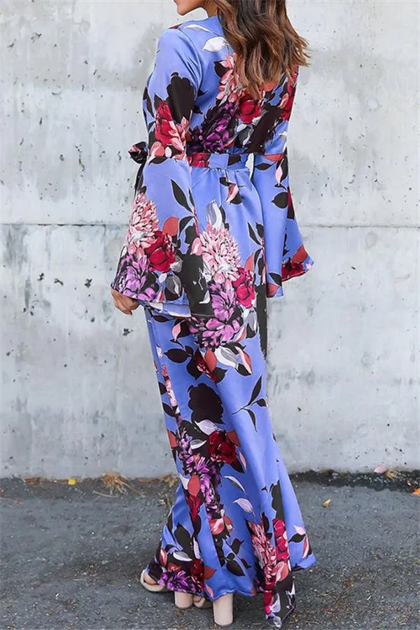 Floral V Neck Slit Maxi Dress