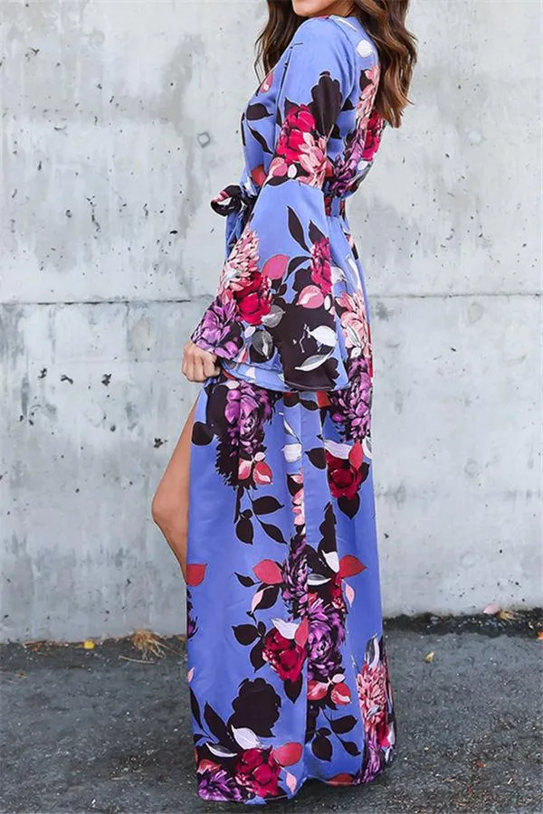 Floral V Neck Slit Maxi Dress