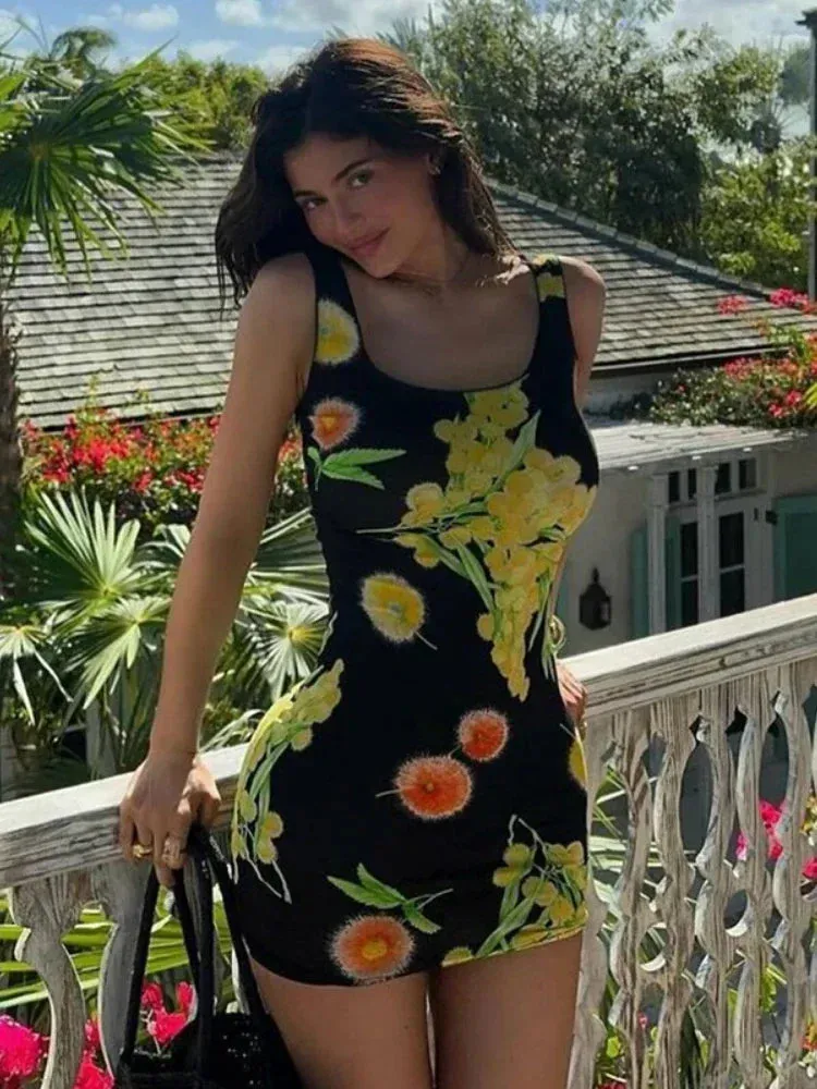 Flower Print Sleeveless Mini Bodycon Dress Vacation Summer Dresses for Women Sexy Kylie Jenner Outfits C66-BF16