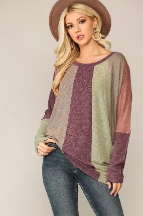 Gigio Colorblock Dolman Sleeves Top - Burgundy Mix