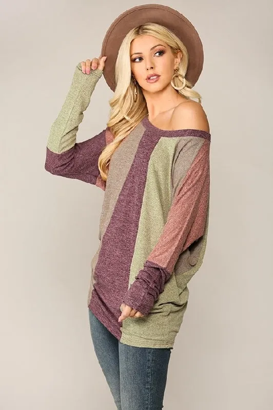 Gigio Colorblock Dolman Sleeves Top - Burgundy Mix