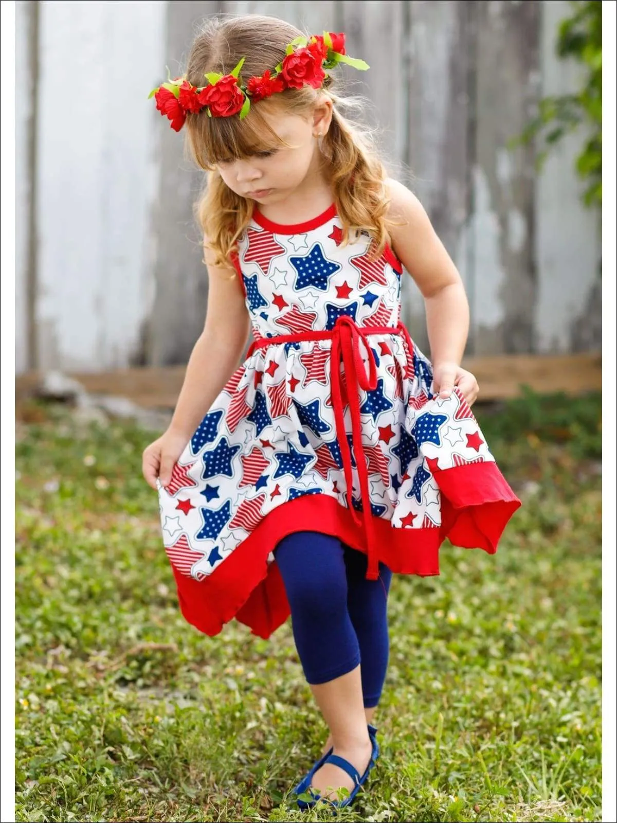 Girls 4th of July Themed Handkerchief Tunic & Capri Leggings Set