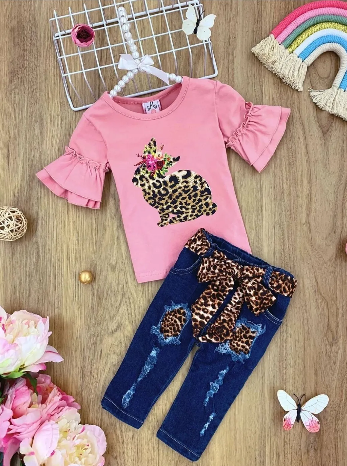 Girls Bunny Beauties Tunic and Belted Ripped Jeans Set