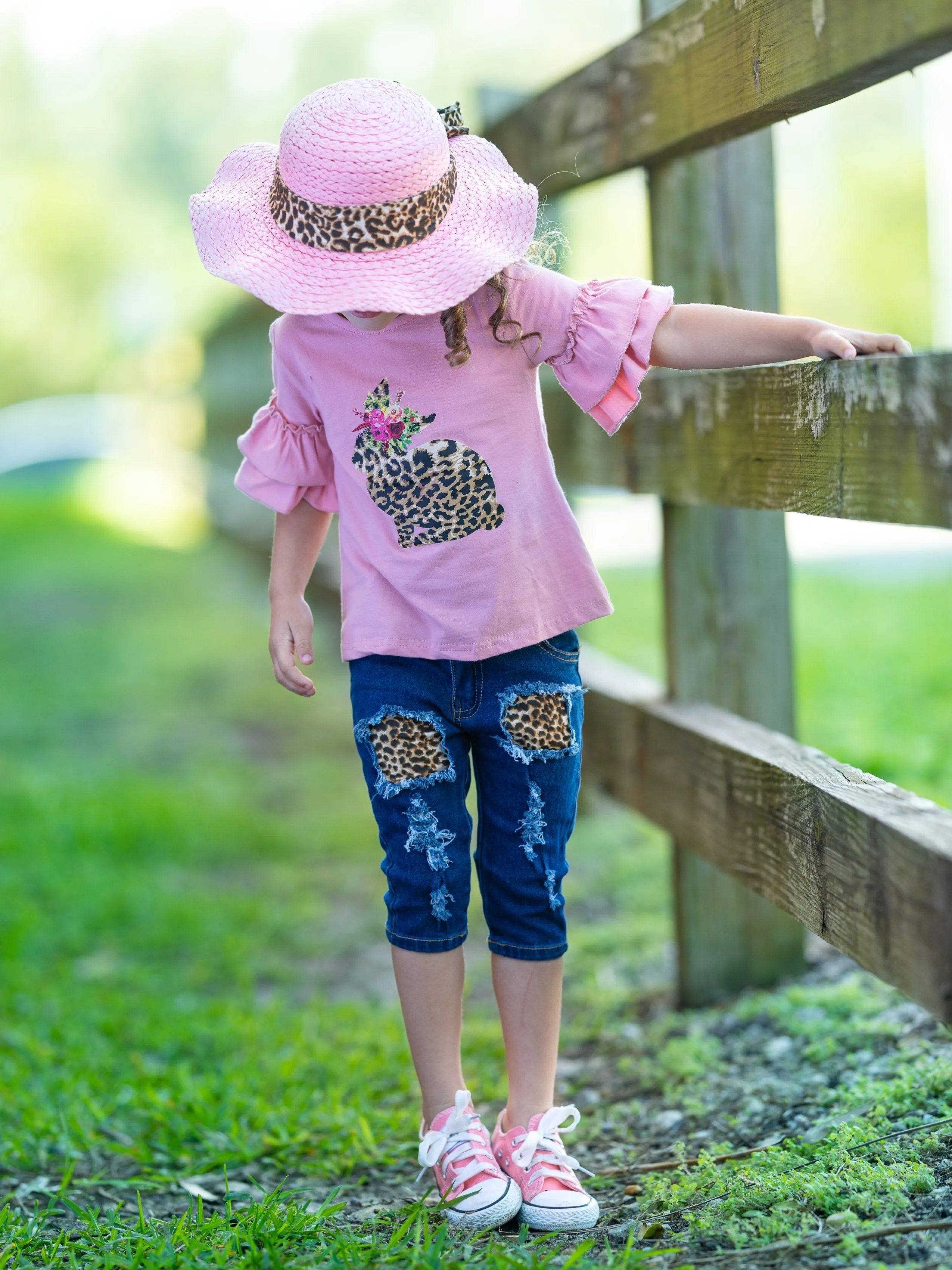 Girls Bunny Beauties Tunic and Belted Ripped Jeans Set