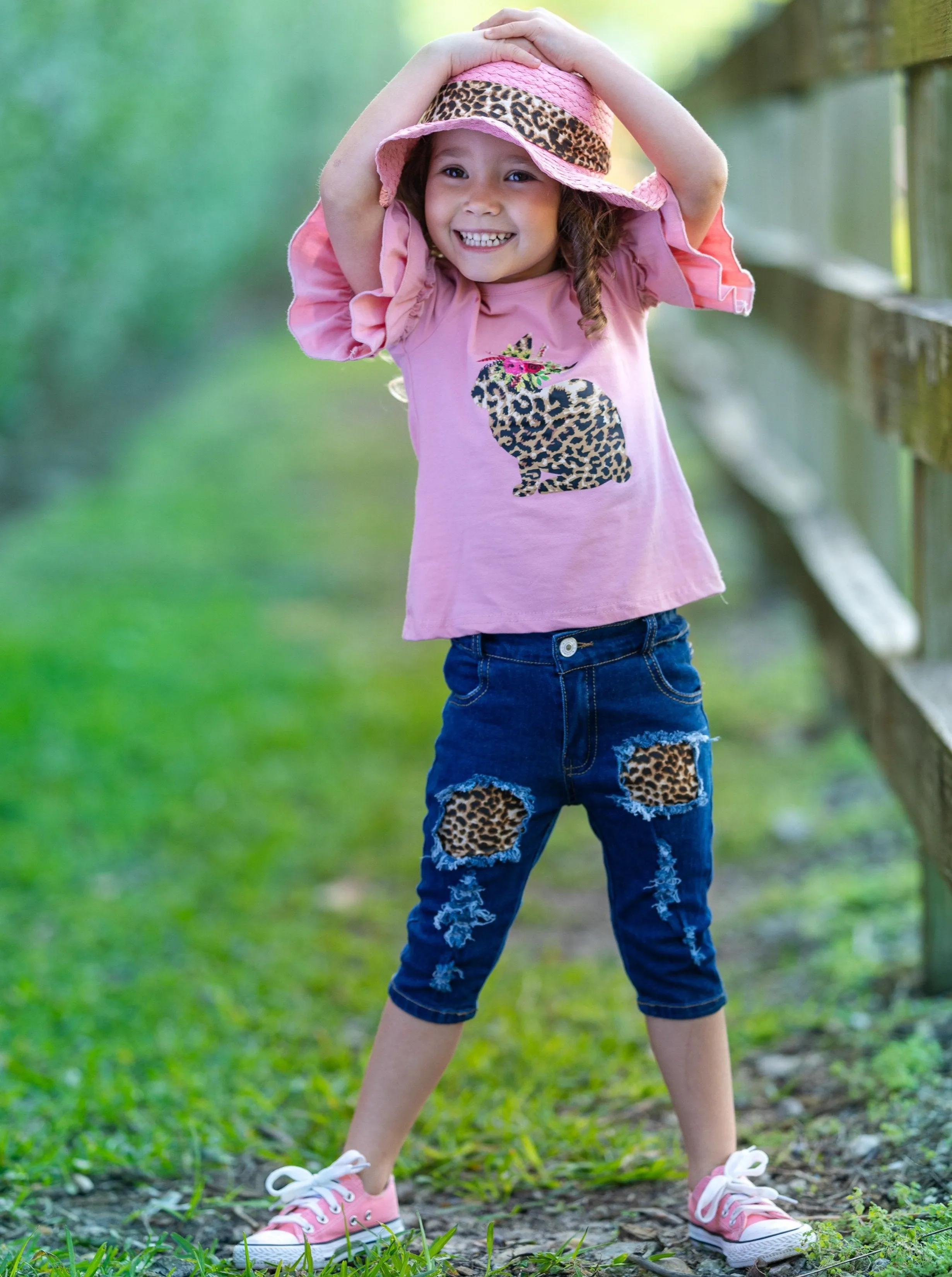 Girls Bunny Beauties Tunic and Belted Ripped Jeans Set