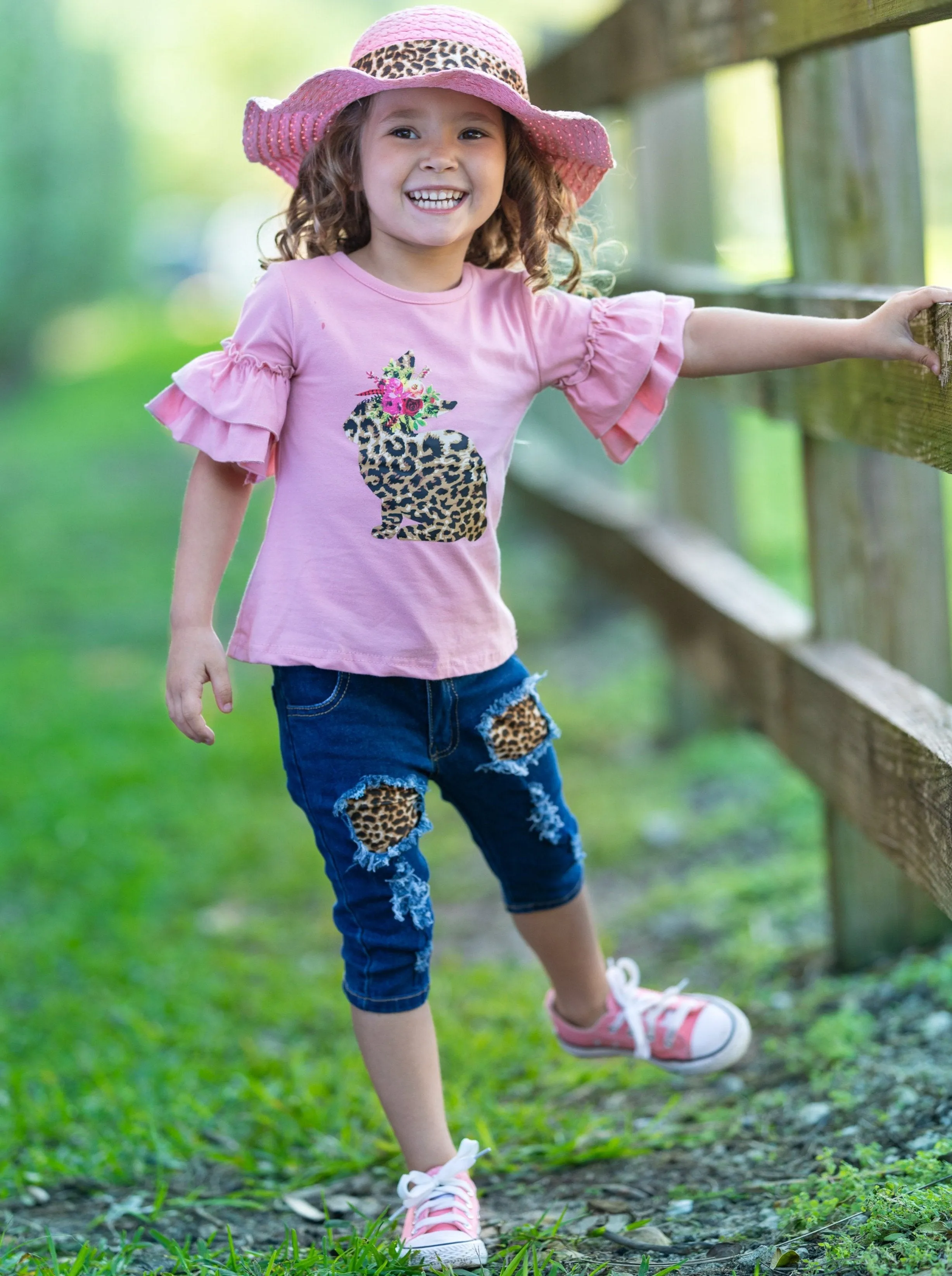 Girls Bunny Beauties Tunic and Belted Ripped Jeans Set