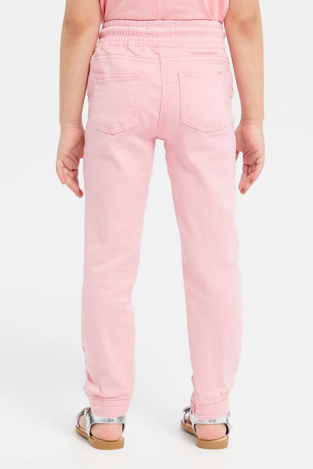 Girls Pink Plain Stretchable Joggers