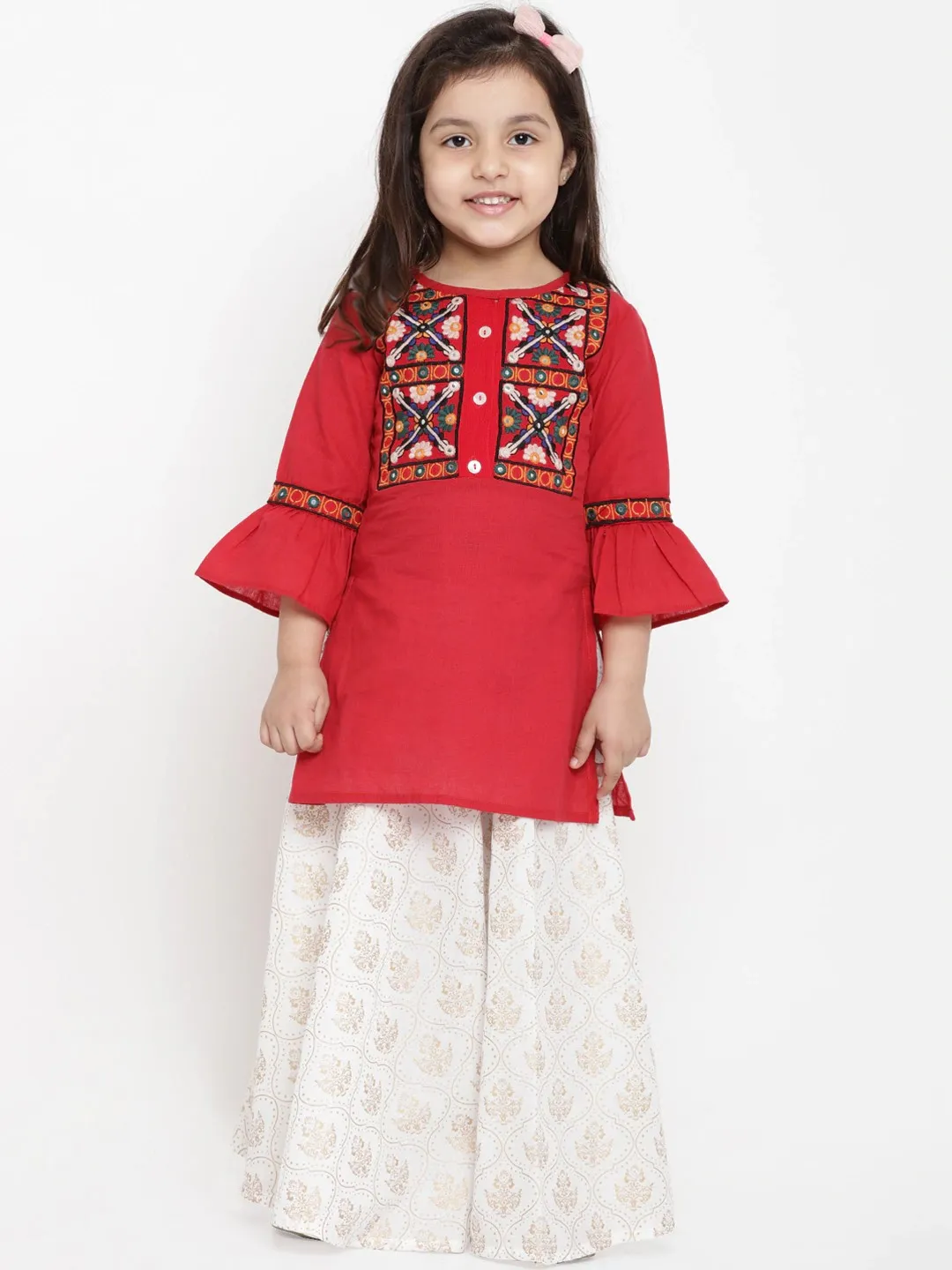 Girls Red & White Embroidered Tunic With Skirt