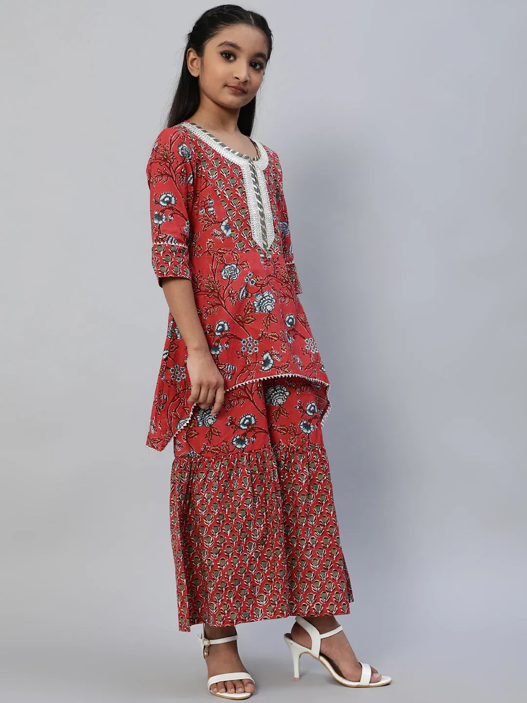 Girl's Red Floral Print Jumpsuit - Aks Girls