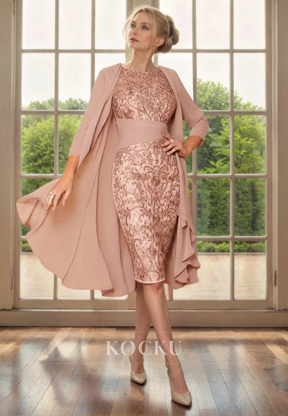 Glamorous & Dramatic Two-Piece Printed Sheath Cocktail Mother of the Bride Dress