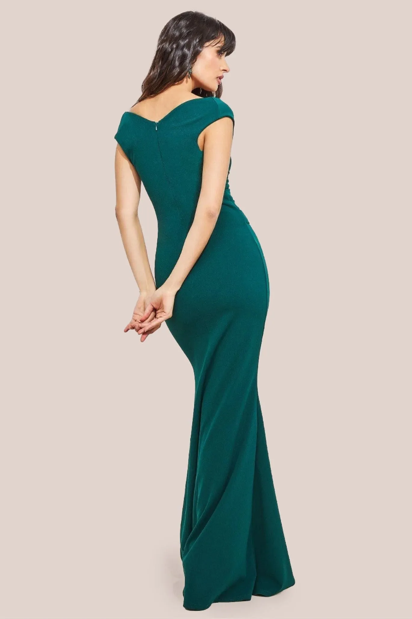 Goddiva Bardot Pleated Maxi Dress - Emerald Green