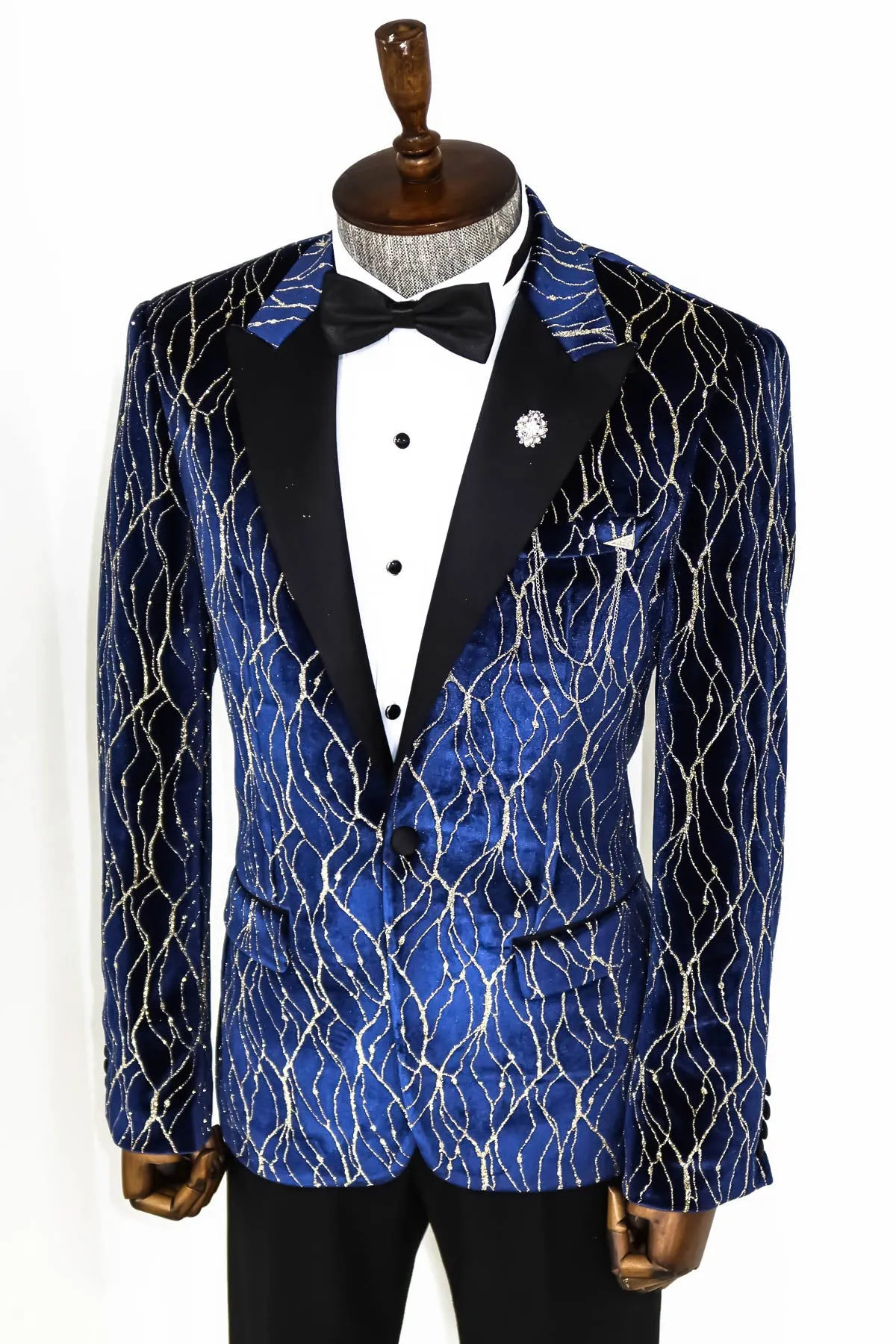 Gold Patterned Navy Blue Men Evening Tuxedo Blazer - Wessi