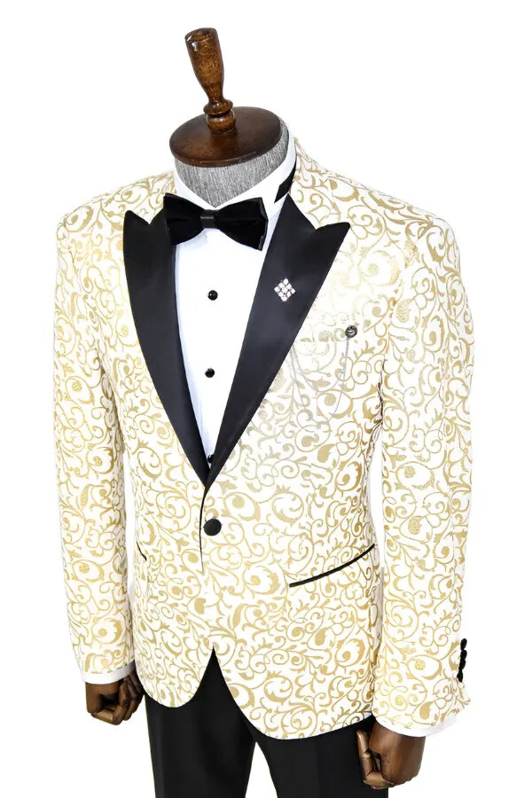 Gold Scroll Patterned Over White Men Wedding Tuxedo Jacket - Wessi