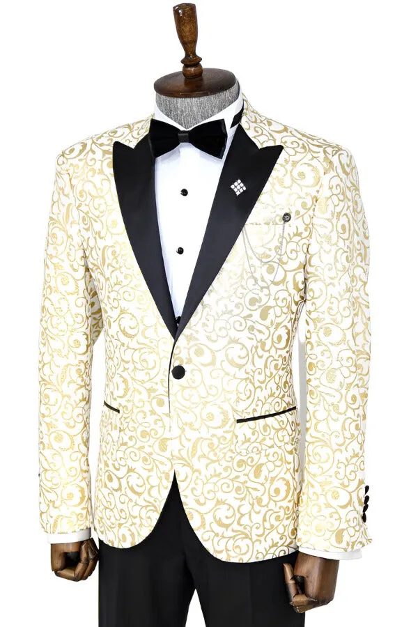 Gold Scroll Patterned Over White Men Wedding Tuxedo Jacket - Wessi