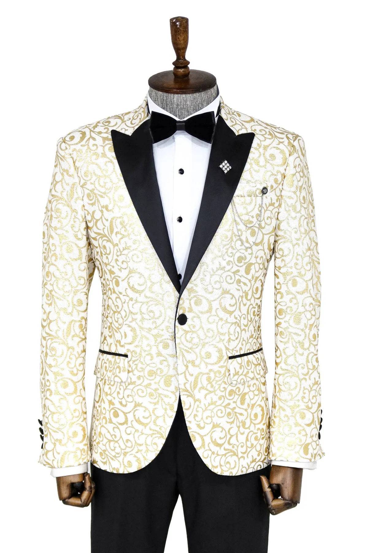 Gold Scroll Patterned Over White Men Wedding Tuxedo Jacket - Wessi