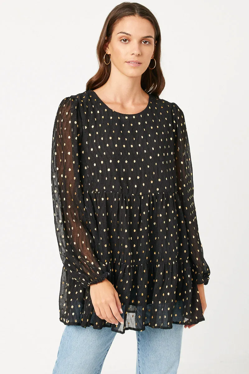 Goldie Misses Black Gold Metallic Dot Baby Tiered Tunic Top S-L