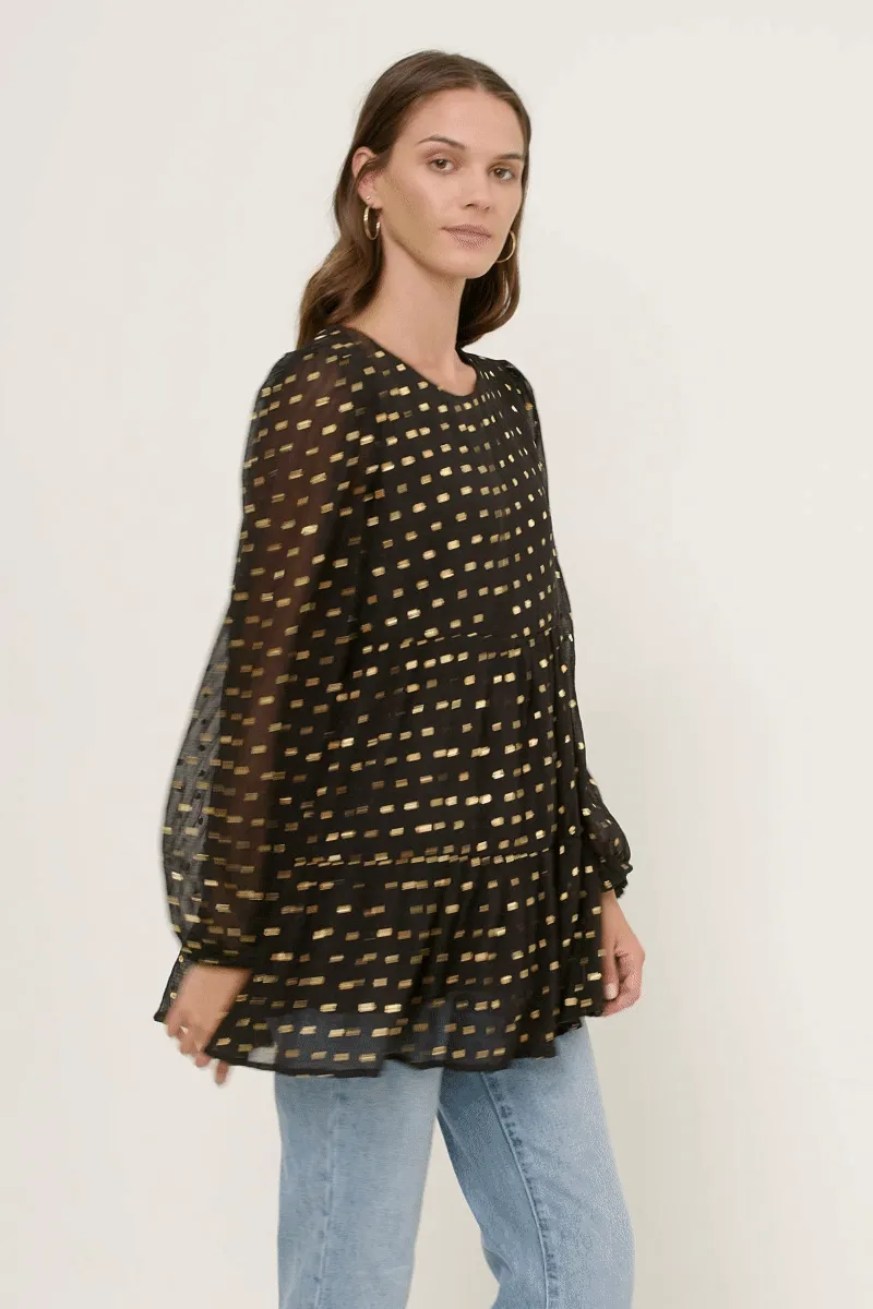 Goldie Misses Black Gold Metallic Dot Baby Tiered Tunic Top S-L