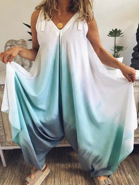 Gradual Sleeveless Round Collar Tie-dyed Impingement Jumpsuit