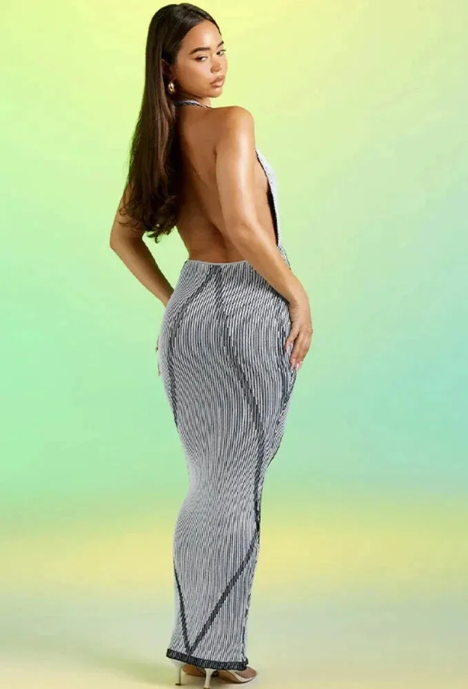 Grey Stripe Printed Sexy Bodycon Dress Deep V Halter Backless Long Dresses Fall 2023 Party Night Club Outfits C70-CF27