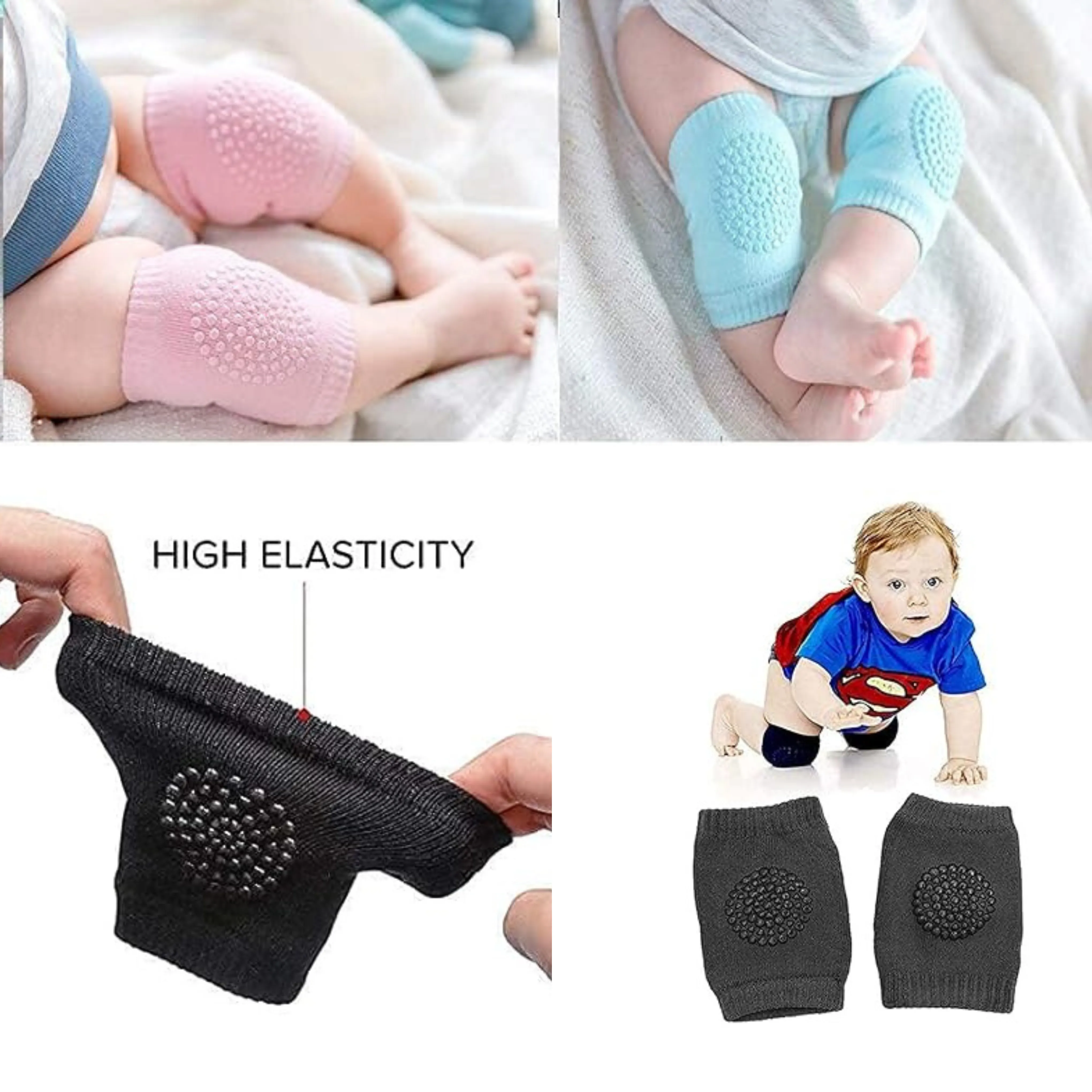 Importikaah Baby Knee Pads for Crawling - Anti-Slip Elastic Cotton (3 Pairs)