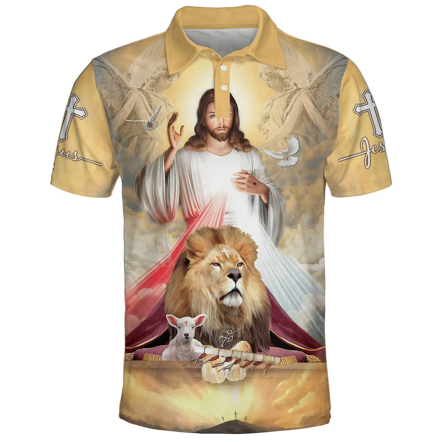 Jesus Potrait And Lion Lamb Polo Shirt - Christian Shirts & Shorts