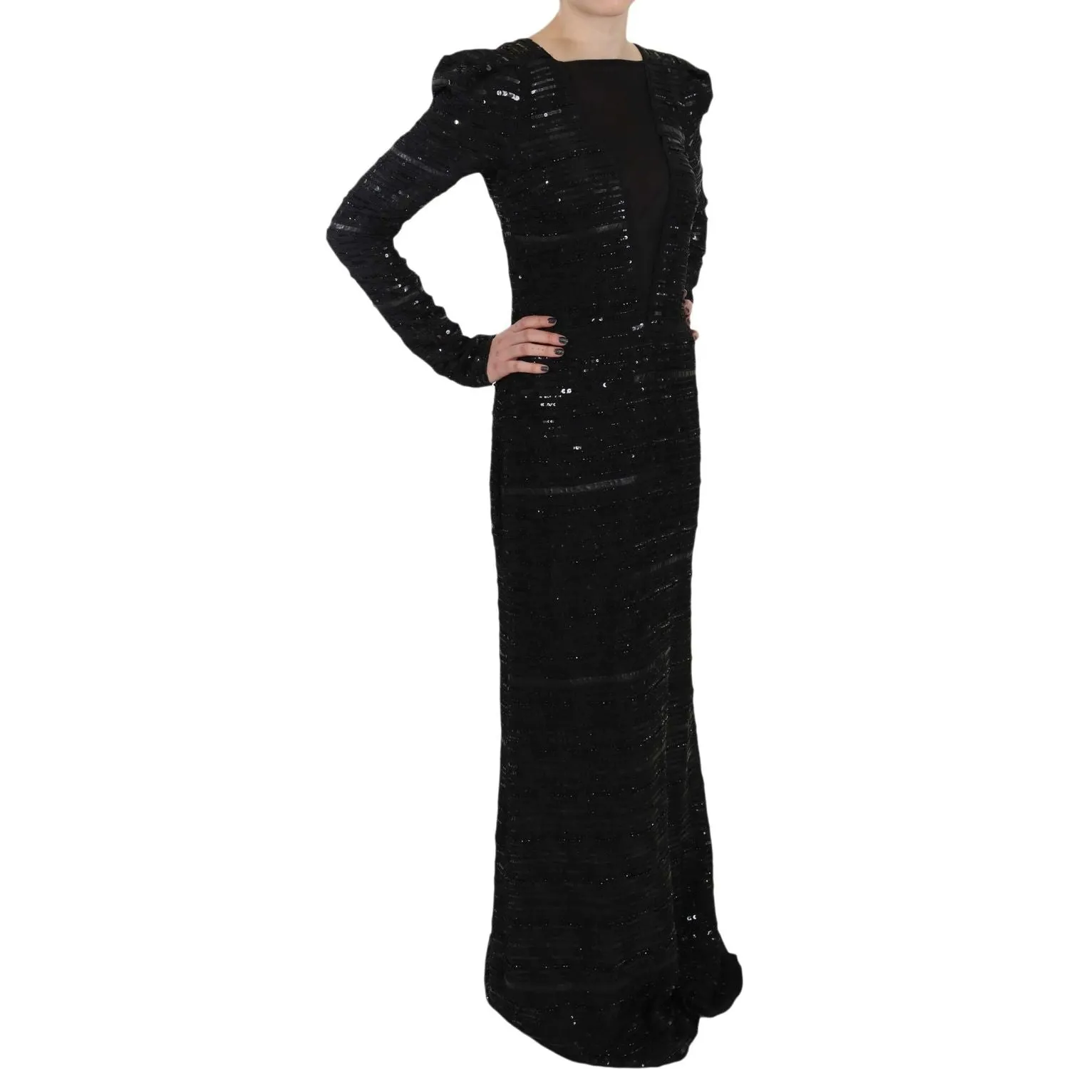 John Richmond Black Silk Sheath Maxi Dress with Sequins