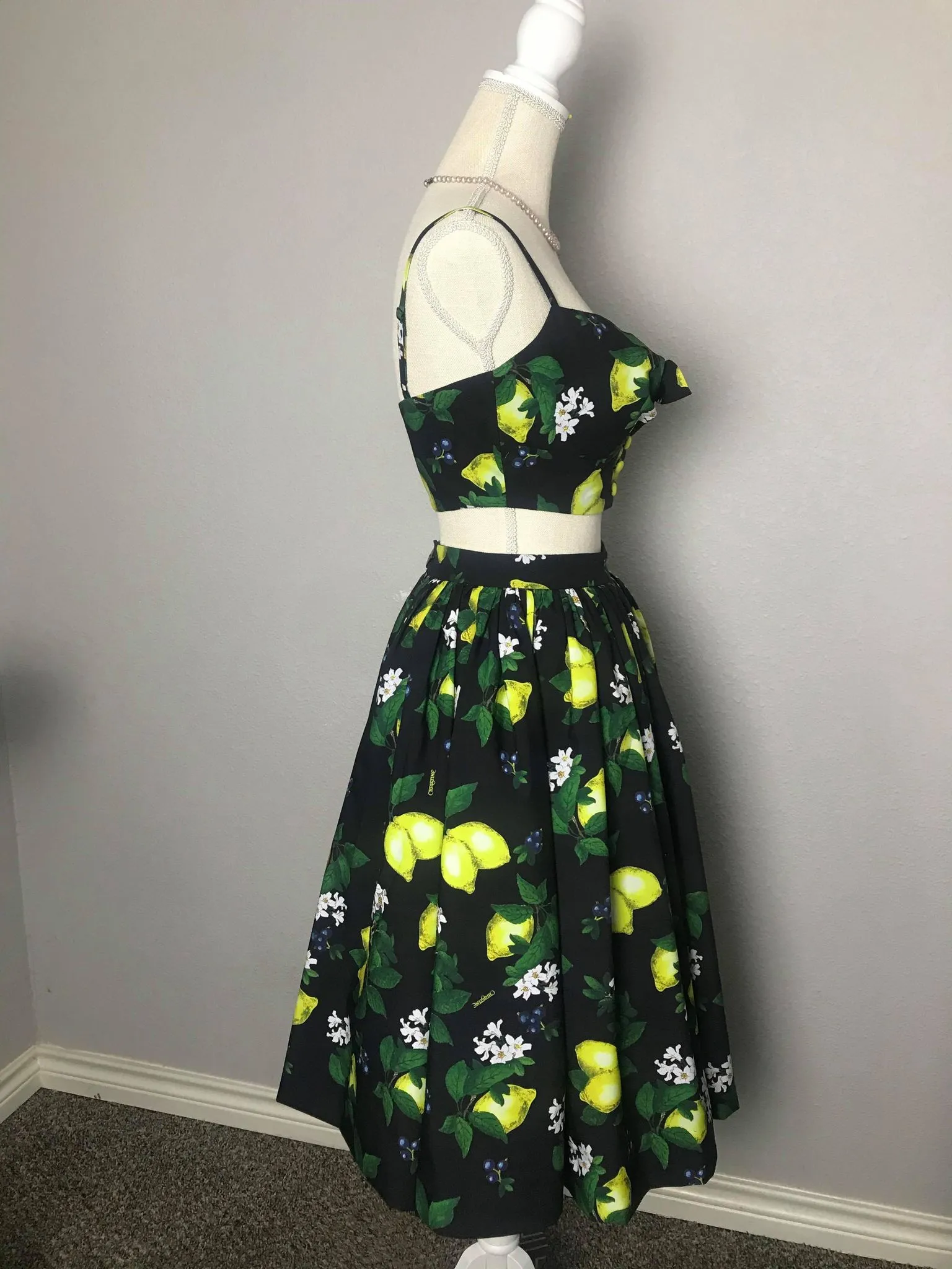 Julie skirt matching top in Lemon Black Print cotton size S