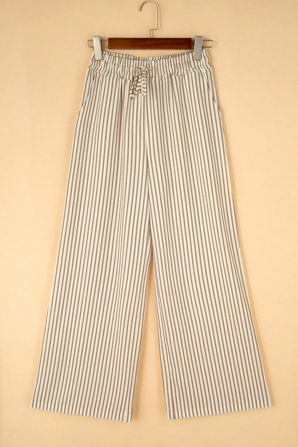 Khaki Striped Drawstring Waist Loose Pants