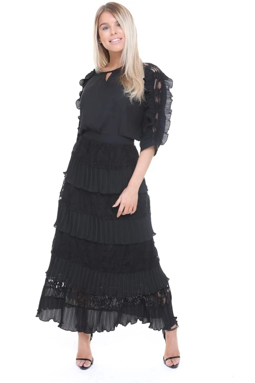 Lace Pleated Ruffle Maxi Skirt and Blouse Top Co-Ord Set