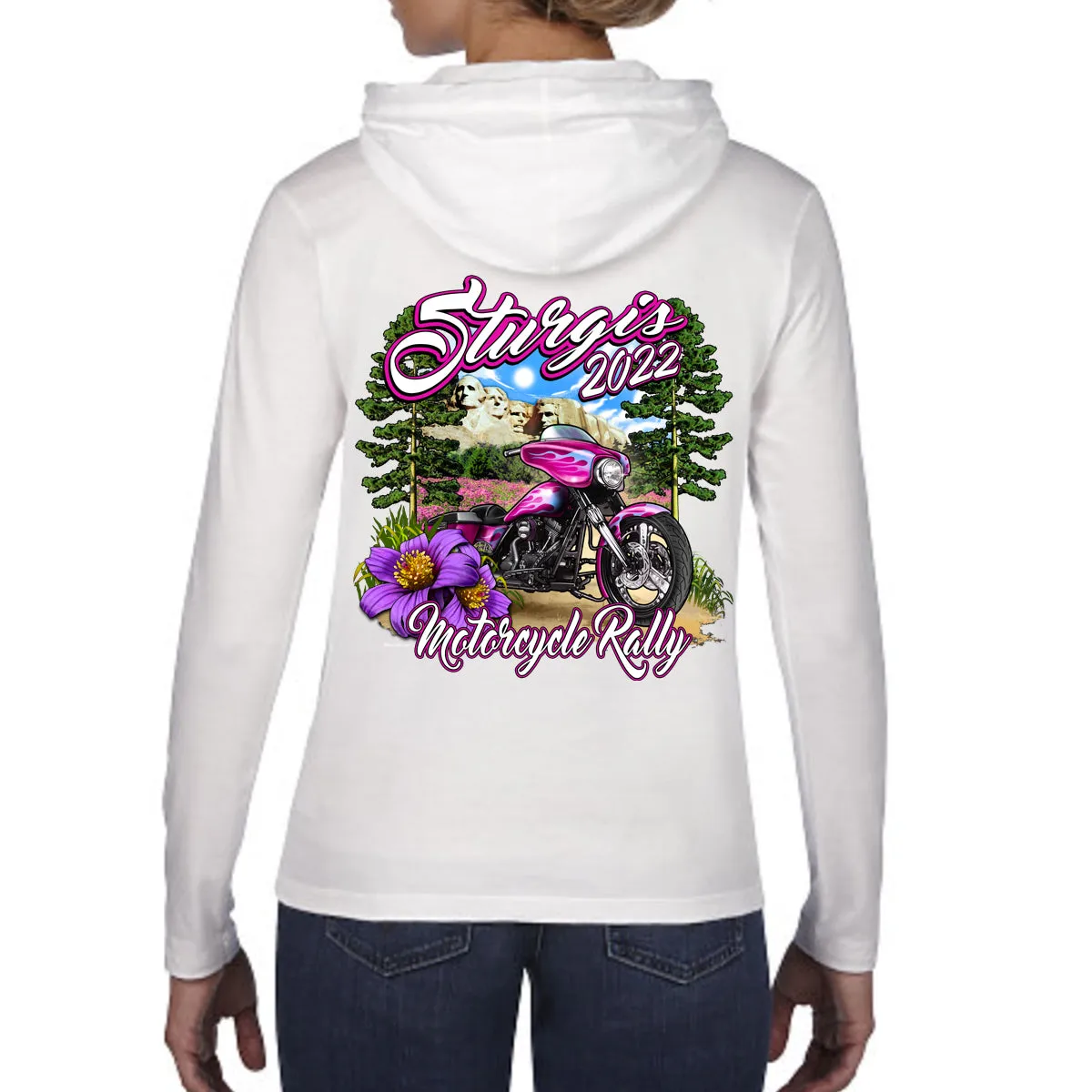 Ladies 2022 Sturgis Motorcycle Rally Pink Bike Long Sleeve Hoodie