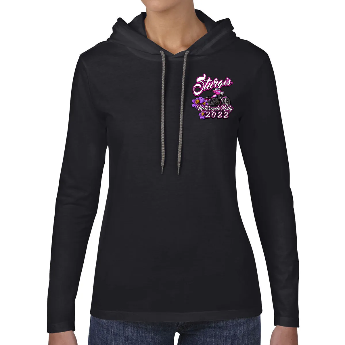 Ladies 2022 Sturgis Motorcycle Rally Pink Bike Long Sleeve Hoodie