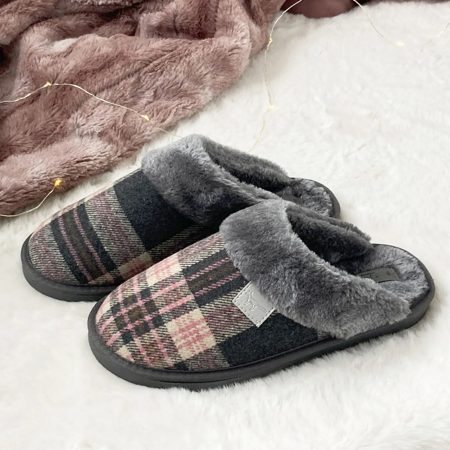 Ladies Tartan Slippers Dark Grey