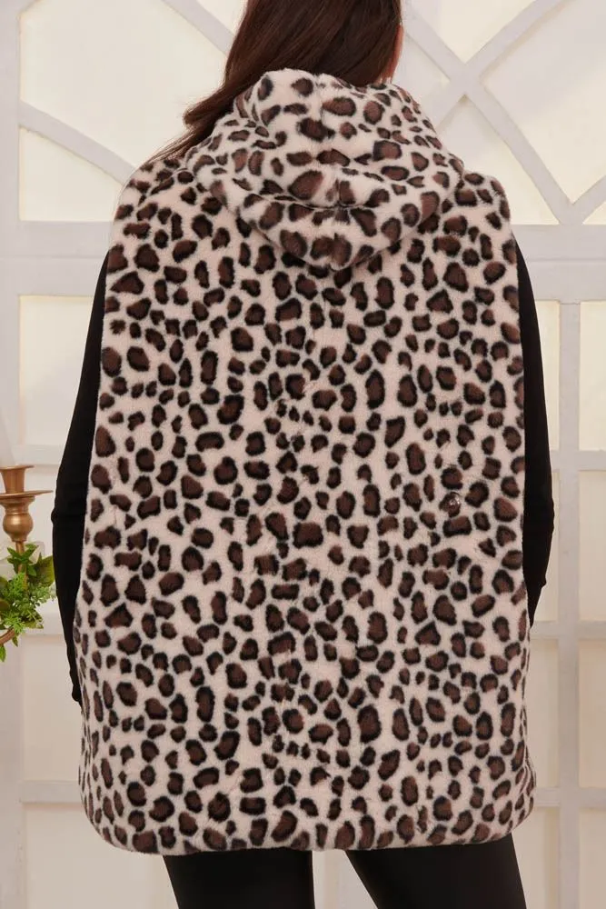 Leopard Print Soft Feel Faux Fur Hooded Gilet