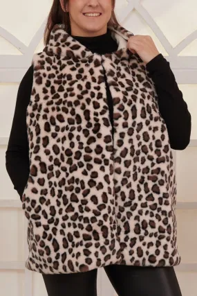 Leopard Print Soft Feel Faux Fur Hooded Gilet