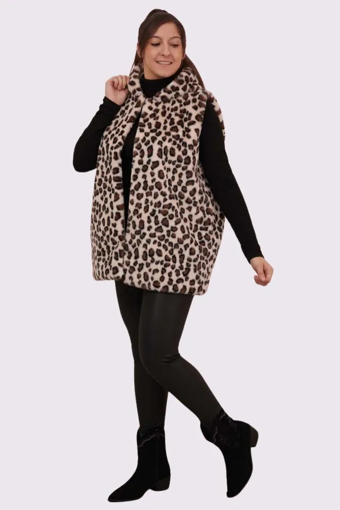 Leopard Print Soft Feel Fux Fur Hooded Gilet