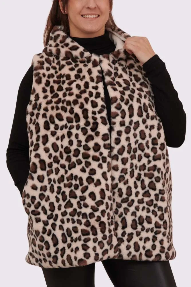 Leopard Print Soft Feel Fux Fur Hooded Gilet