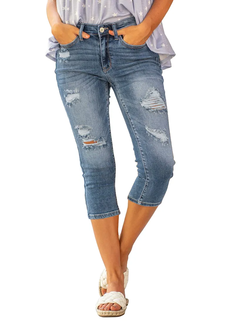 Light Blue Below Knee Ripped Trousers Denim Jeans