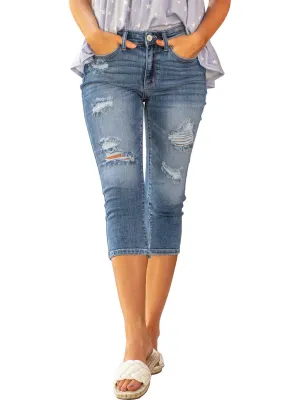 Light Blue Below Knee Ripped Trousers Denim Jeans