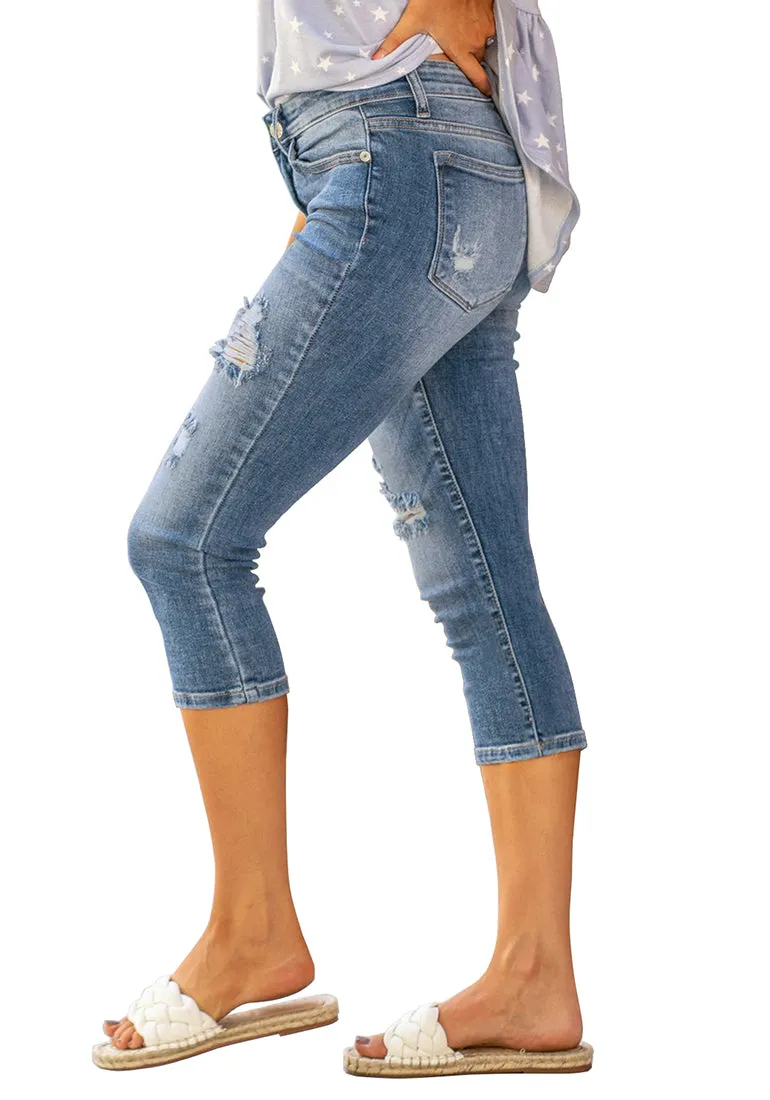 Light Blue Below Knee Ripped Trousers Denim Jeans