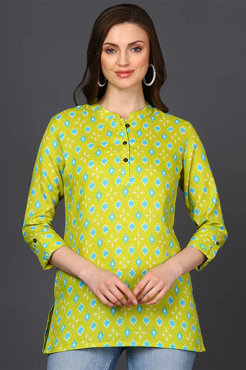 Lime Green Cotton Blend Geometric Print Straight Tunic