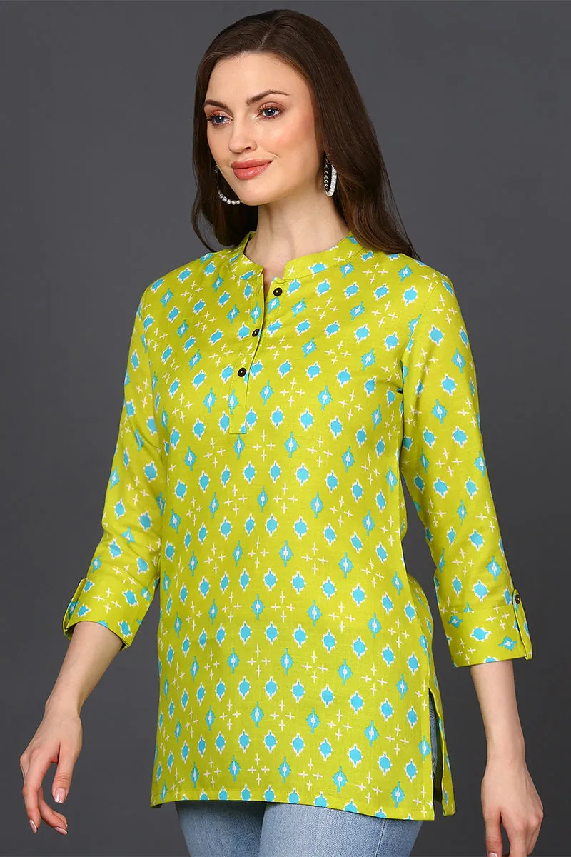 Lime Green Cotton Blend Geometric Print Straight Tunic