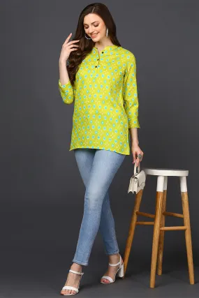 Lime Green Cotton Blend Geometric Print Straight Tunic