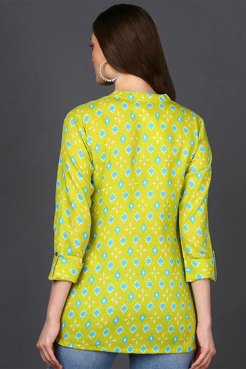 Lime Green Cotton Blend Geometric Print Straight Tunic