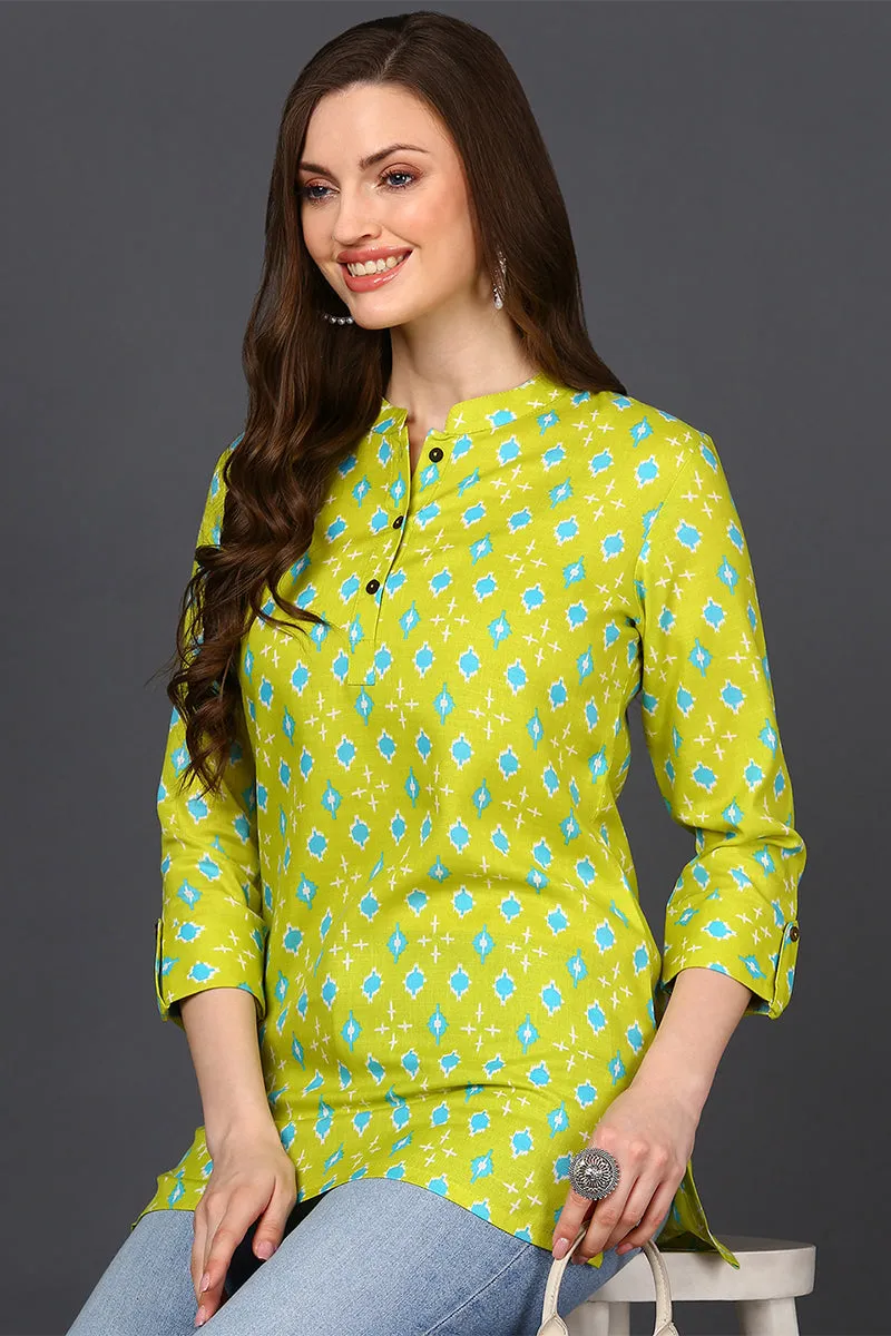 Lime Green Cotton Blend Geometric Print Straight Tunic