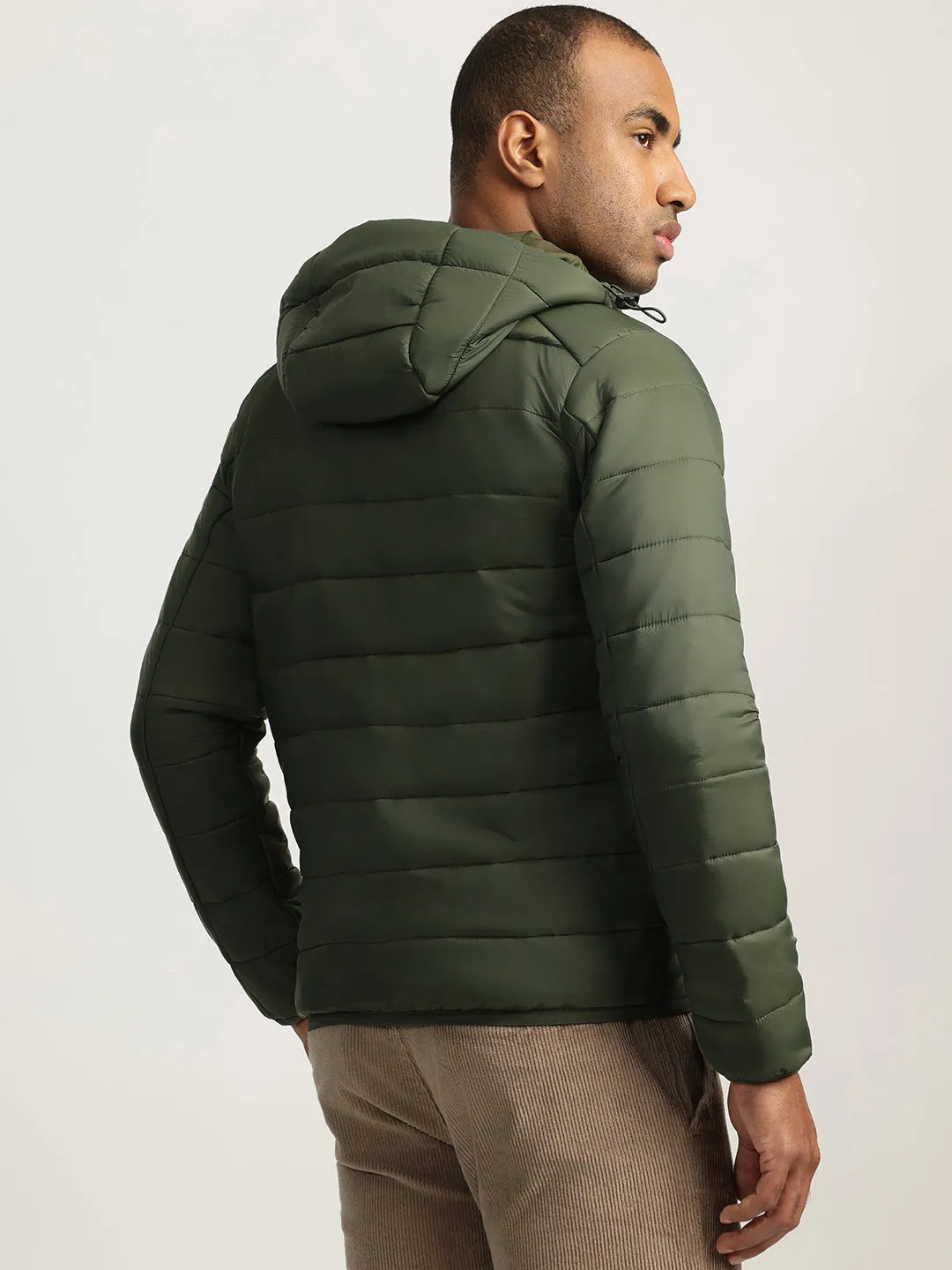 Lindbergh Men Green Solid Hooded Full Sleeves Puffer Jacket