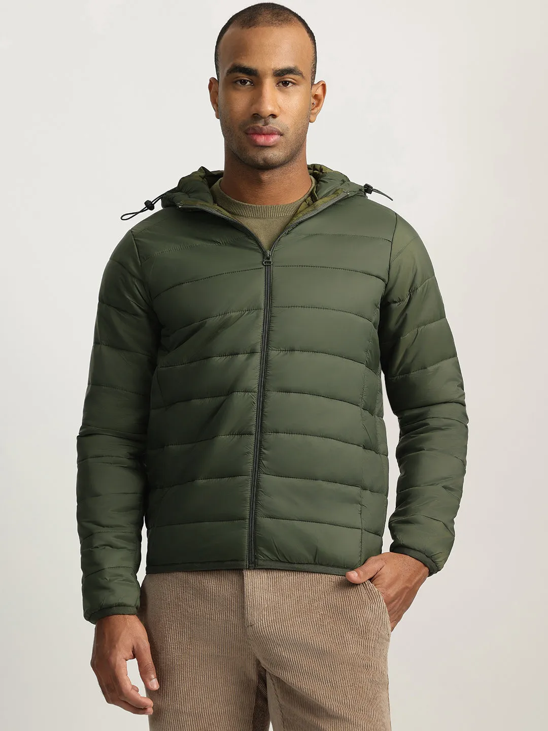 Lindbergh Men Green Solid Hooded Full Sleeves Puffer Jacket